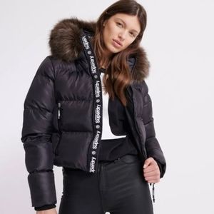 Ladies Superdry Sport Puffer Borg Crop Hooded Jacket